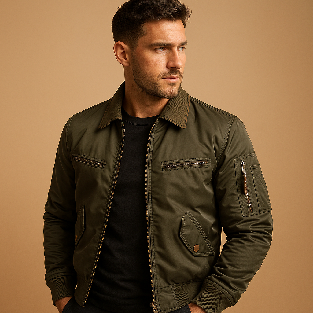 Men’s bomber jacket with water-repellent fabric, light padding, zipper and snap buttons, perfect for casual and semi-formal outfits.