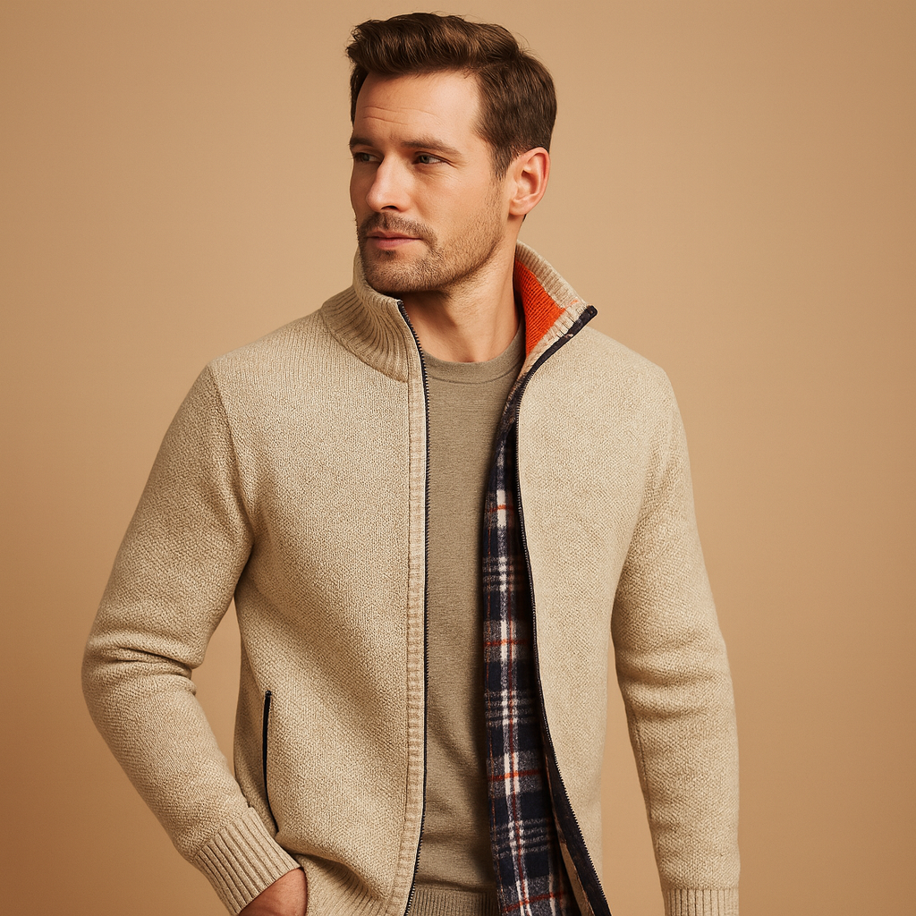 Men’s cable-knit sweater with a soft check-lined interior, designed for warmth and versatile outfits during autumn and winter.