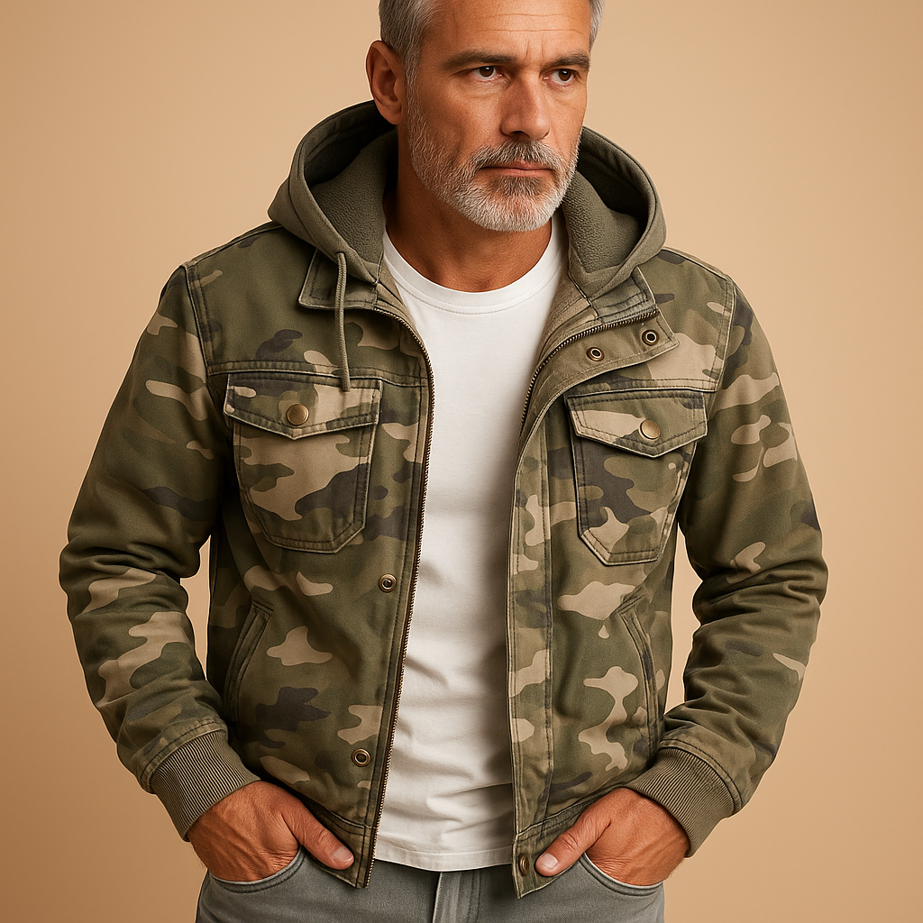Men’s camouflage outdoor jacket, waterproof and durable with adjustable cuffs and deep pockets, perfect for adventure and daily wear.