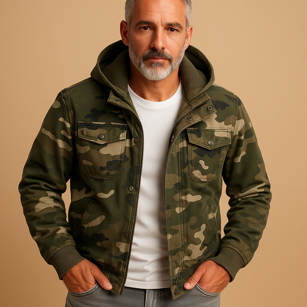 Men’s camouflage outdoor jacket, waterproof and durable with adjustable cuffs and deep pockets, perfect for adventure and daily wear.