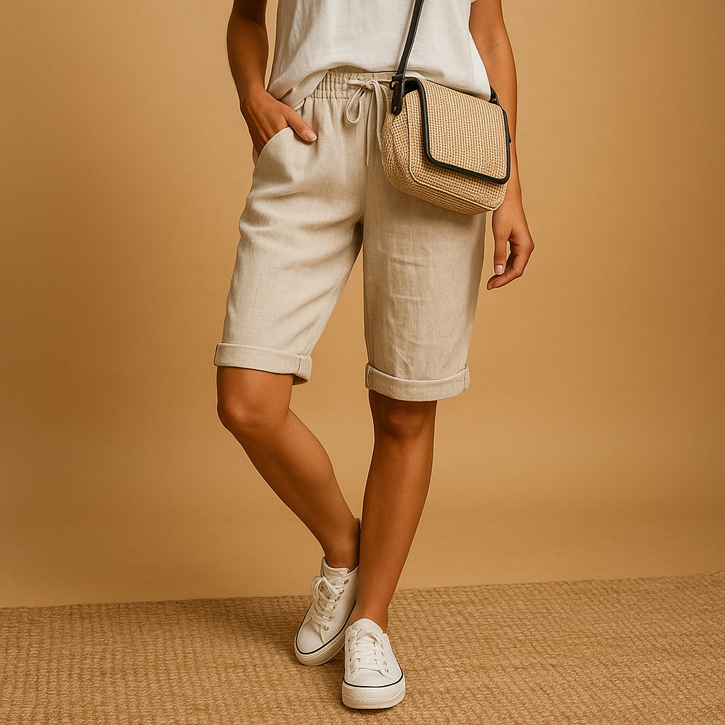 Capri pants with elastic waist and drawstring for women, featuring a relaxed fit and rolled hem. Perfect for casual summer days and evening outings.