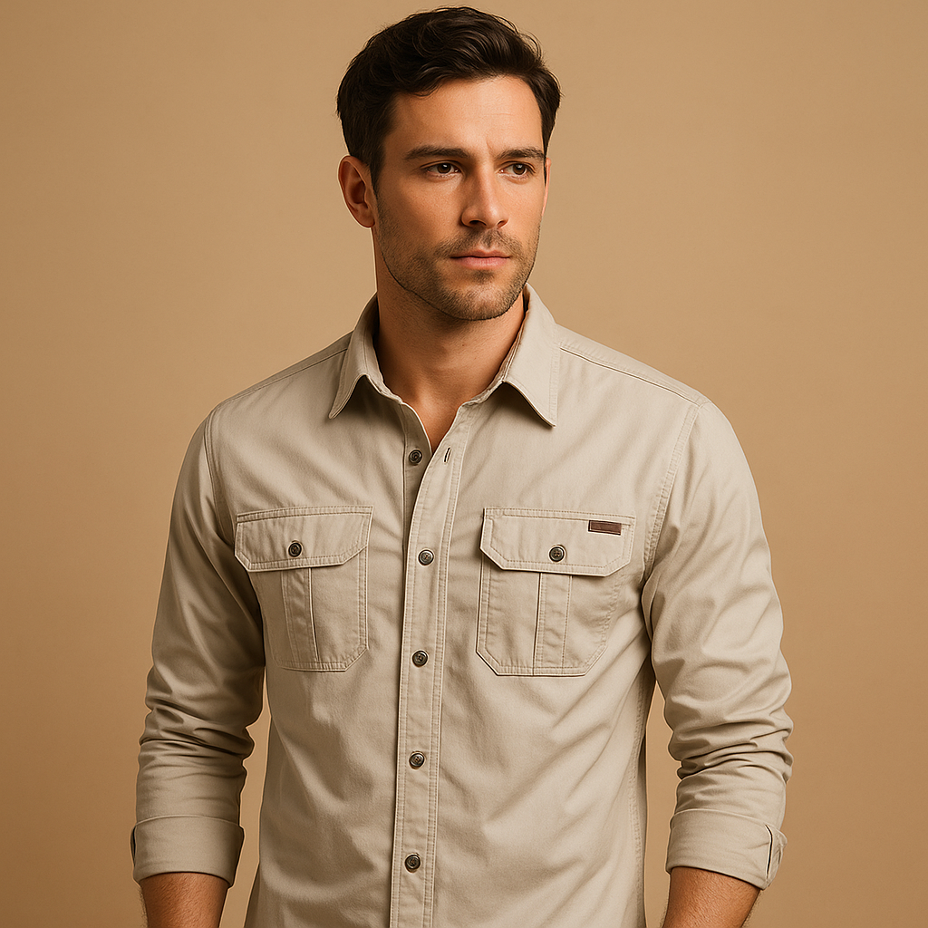 Men’s cargo cotton shirt with chest pockets and relaxed fit, made from breathable fabric for casual and outdoor outfits.