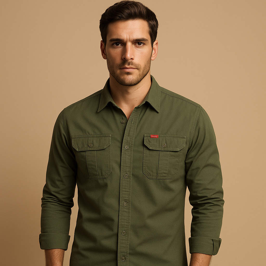 Men’s cargo cotton shirt with chest pockets and relaxed fit, made from breathable fabric for casual and outdoor outfits.
