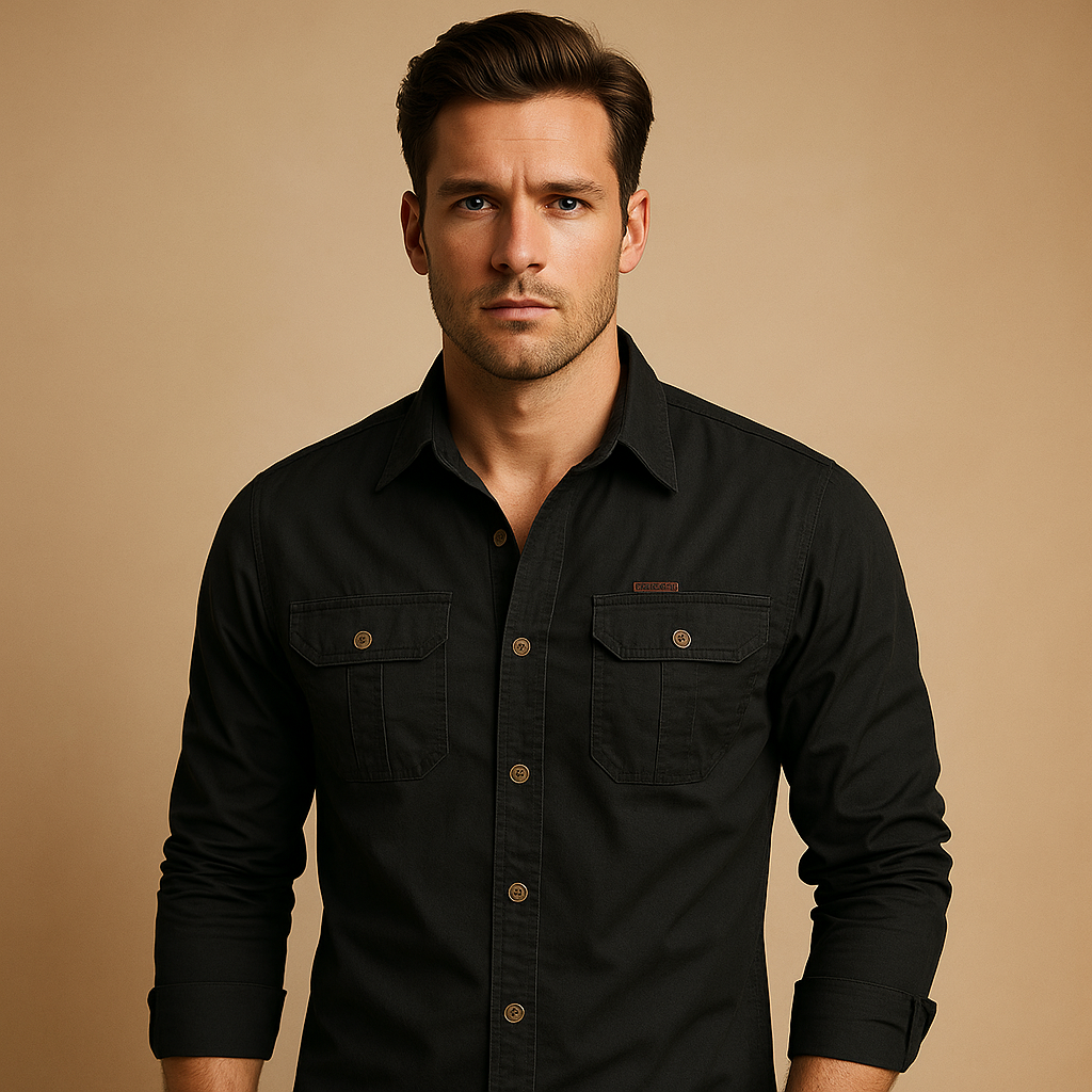 Men’s cargo cotton shirt with chest pockets and relaxed fit, made from breathable fabric for casual and outdoor outfits.