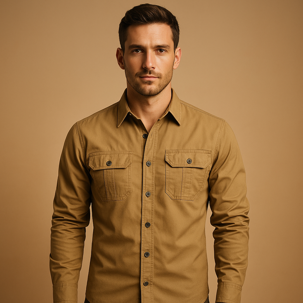 Men’s cargo cotton shirt with chest pockets and relaxed fit, made from breathable fabric for casual and outdoor outfits.