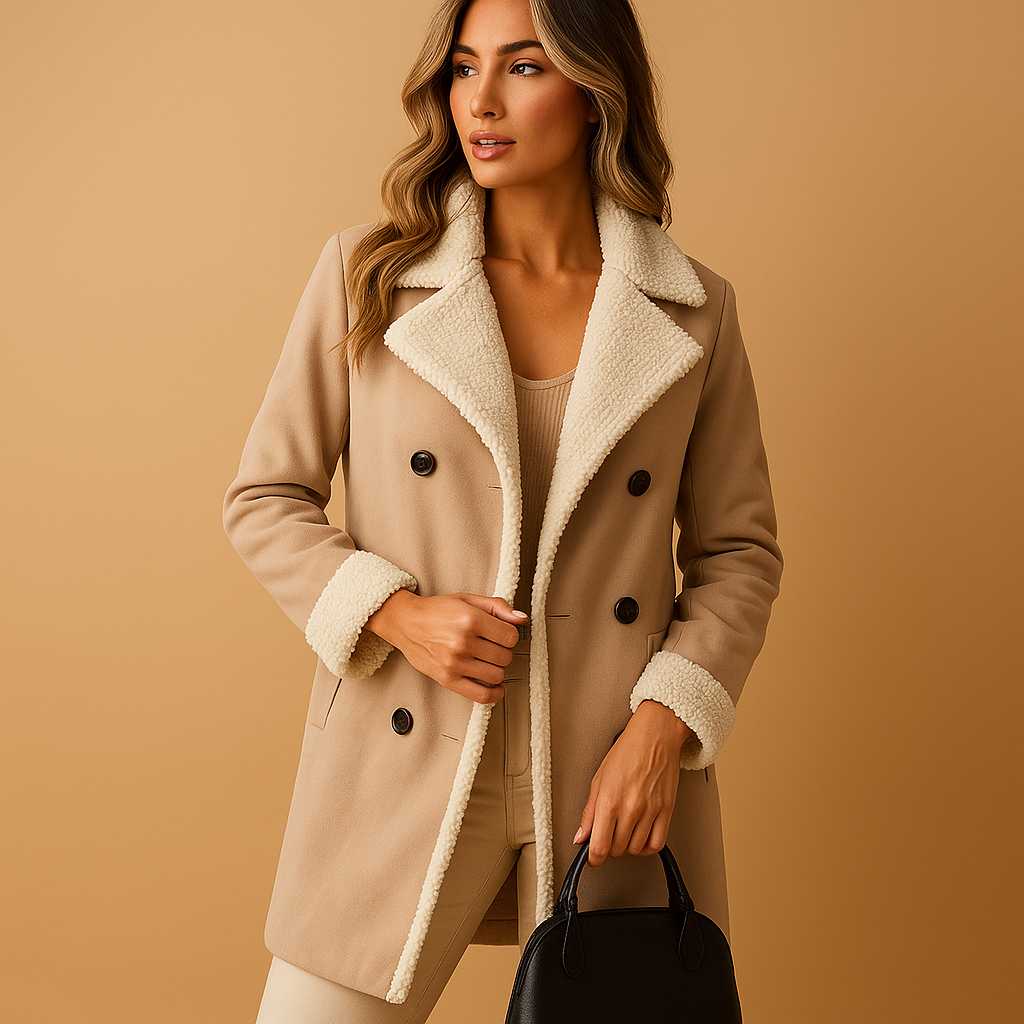 Cashmere wool winter coat for women with lapel collar, long sleeves, and timeless cut, available in black, khaki, and apricot.