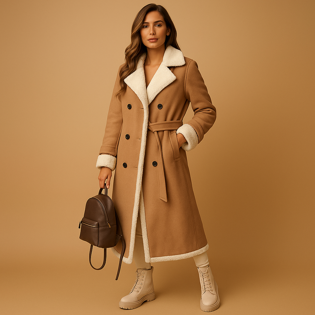 Cashmere wool winter coat for women with lapel collar, long sleeves, and timeless cut, available in black, khaki, and apricot.