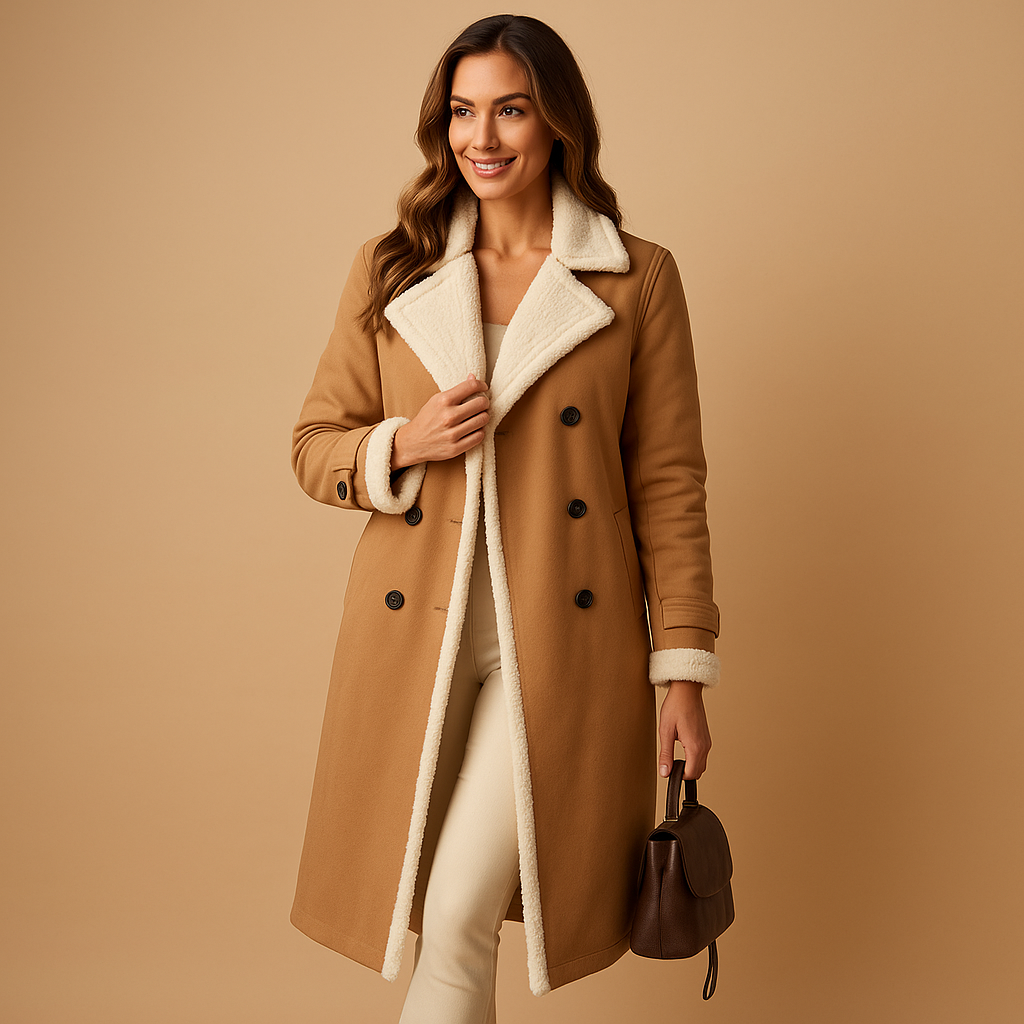 Cashmere wool winter coat for women with lapel collar, long sleeves, and timeless cut, available in black, khaki, and apricot.