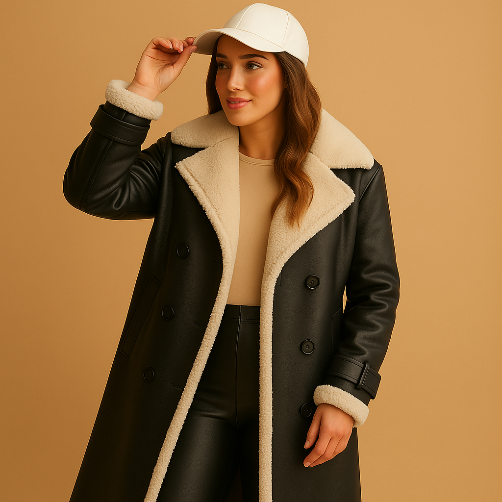 Cashmere wool winter coat for women with lapel collar, long sleeves, and timeless cut, available in black, khaki, and apricot.