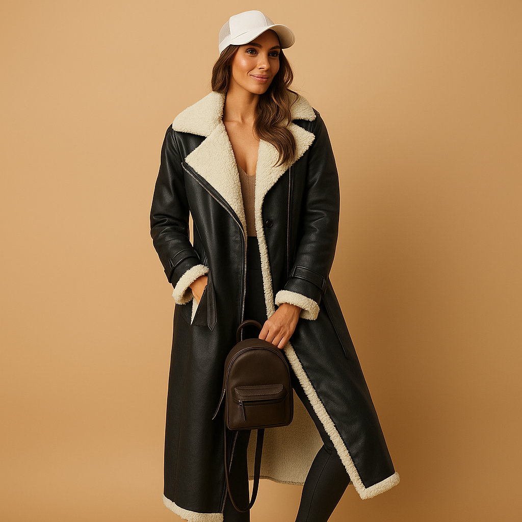 Cashmere wool winter coat for women with lapel collar, long sleeves, and timeless cut, available in black, khaki, and apricot.