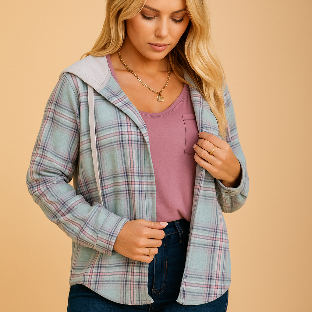 Women’s casual button-up jacket with relaxed fit, chest pocket, and cuff closure. Perfect for daily wear and versatile streetwear outfits.