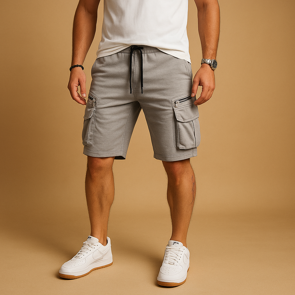 Men’s casual cargo shorts with relaxed fit, adjustable drawstring, and multiple pockets, perfect for summer wear and outdoor activities.