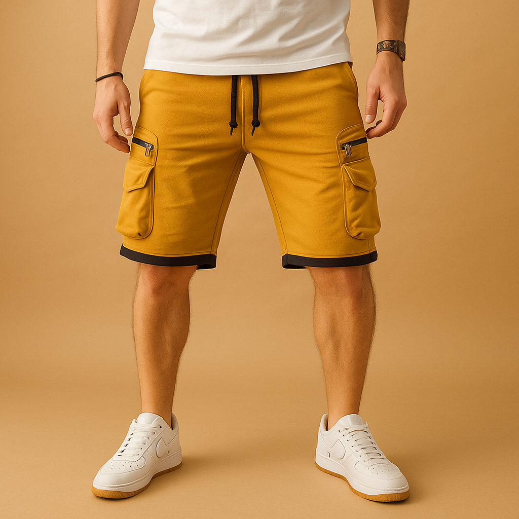 Men’s casual cargo shorts with relaxed fit, adjustable drawstring, and multiple pockets, perfect for summer wear and outdoor activities.