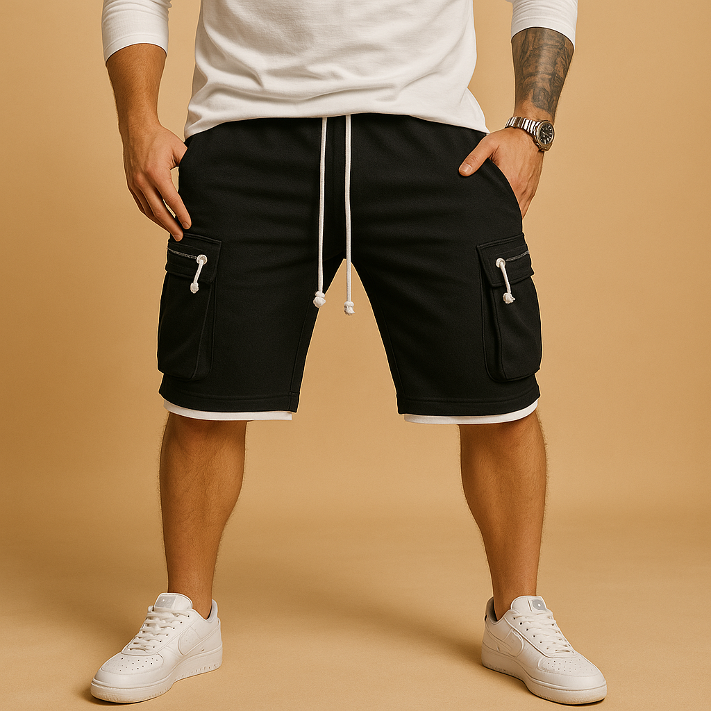 Men’s casual cargo shorts with relaxed fit, adjustable drawstring, and multiple pockets, perfect for summer wear and outdoor activities.
