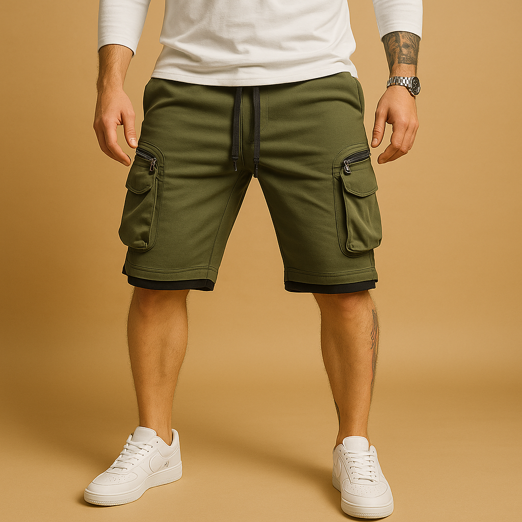 Men’s casual cargo shorts with relaxed fit, adjustable drawstring, and multiple pockets, perfect for summer wear and outdoor activities.