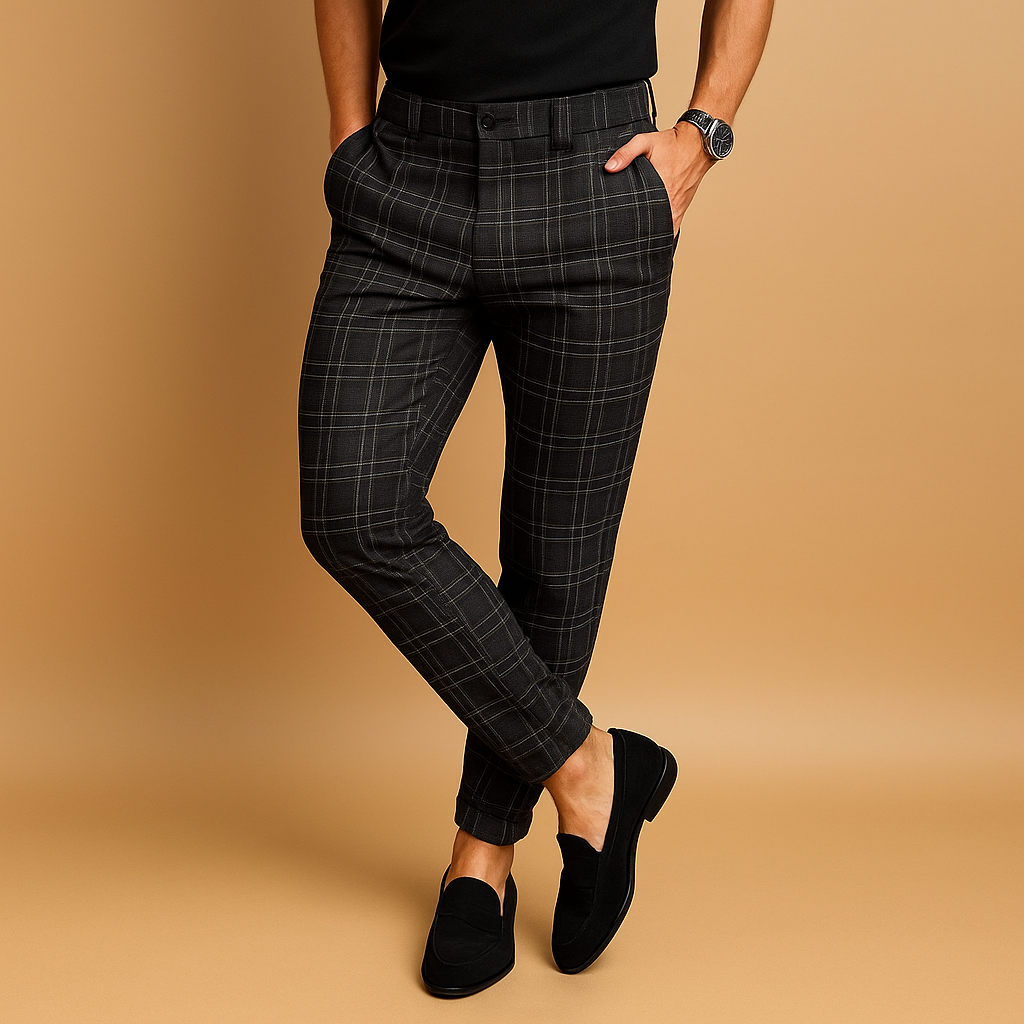 Men’s casual checkered pants with relaxed fit and subtle checkered design, perfect for work, leisure, and everyday wear.