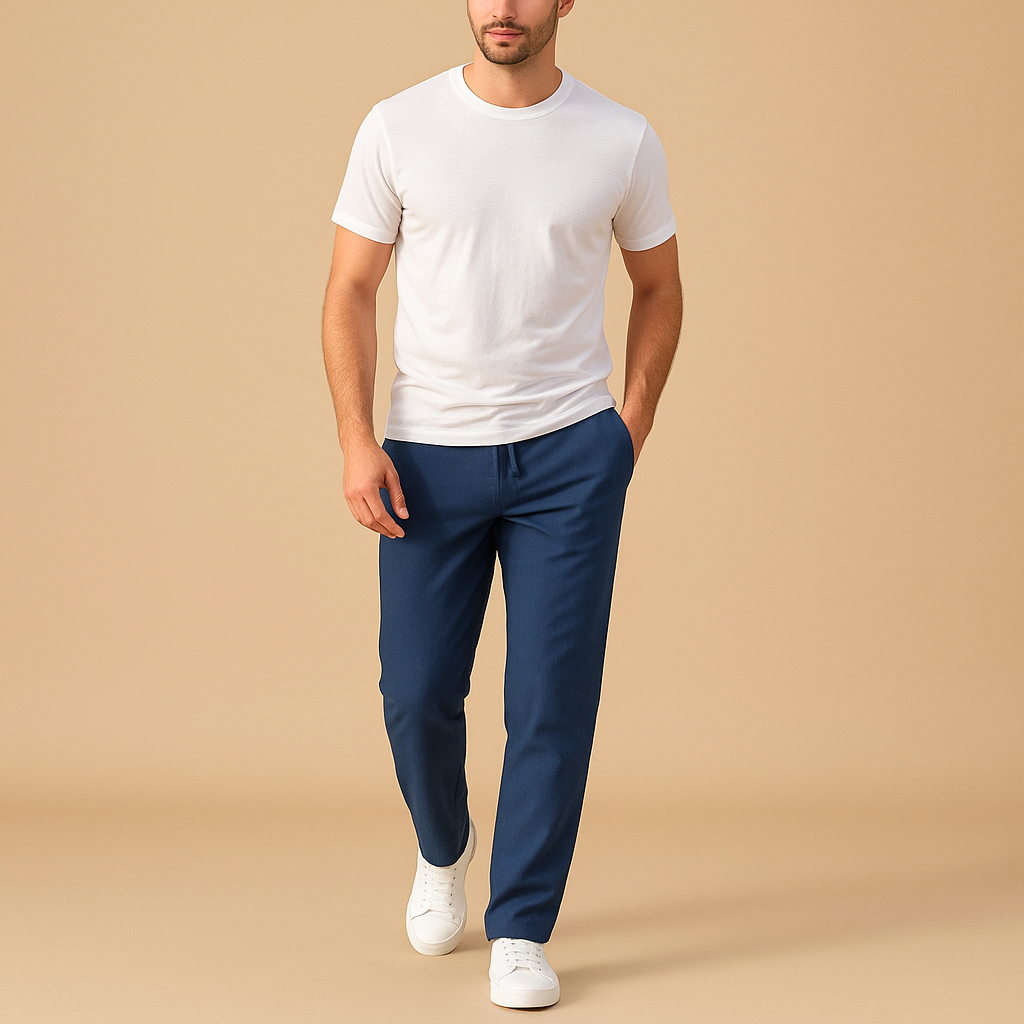 Men’s casual cotton pants with elastic waistband, breathable fabric, perfect for daily wear and home comfort.