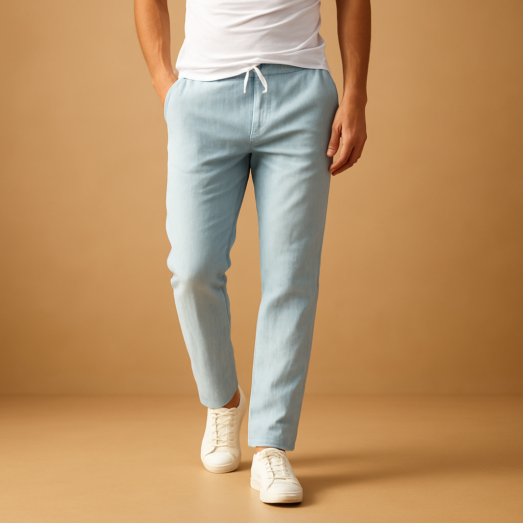 Men’s casual cotton pants with elastic waistband, breathable fabric, perfect for daily wear and home comfort.