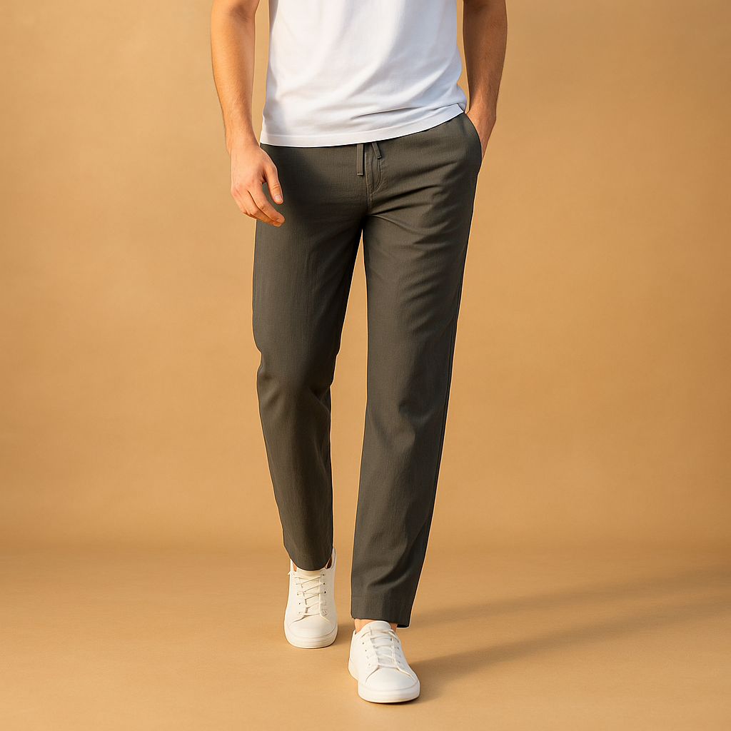 Men’s casual cotton pants with elastic waistband, breathable fabric, perfect for daily wear and home comfort.