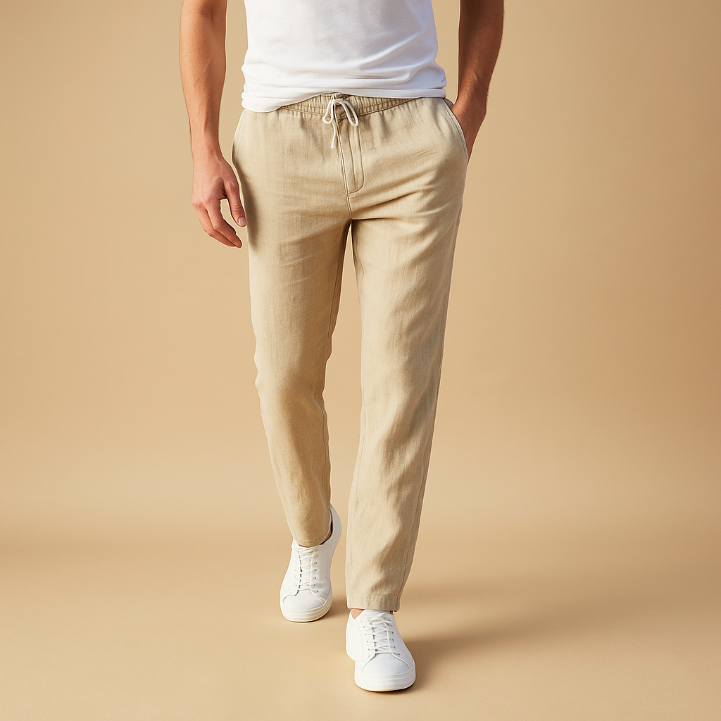 Men’s casual cotton pants with elastic waistband, breathable fabric, perfect for daily wear and home comfort.