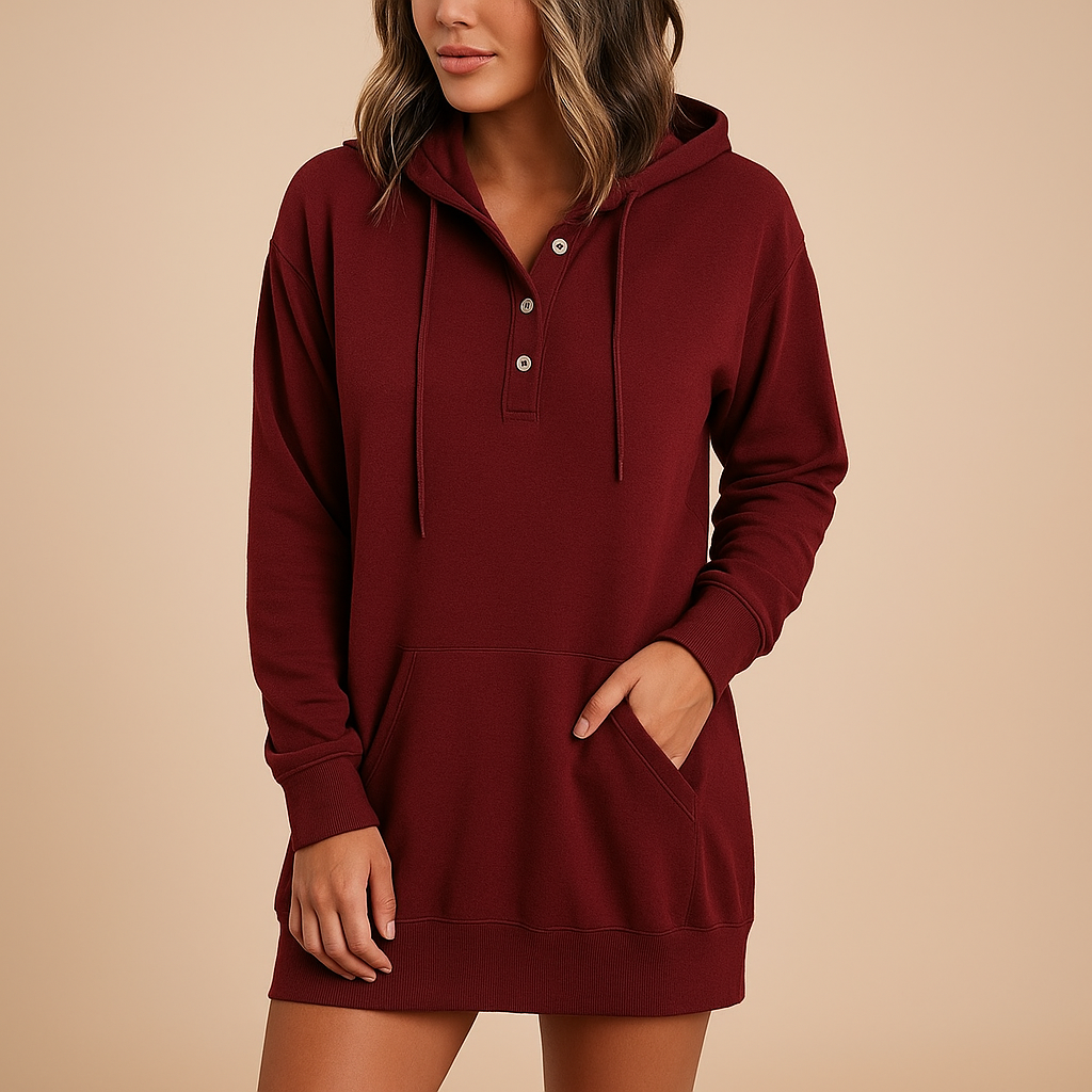 Casual hoodie dress for women in minimalist solid color, made with soft breathable fabric, ideal for streetwear, travel, and casual outfits.