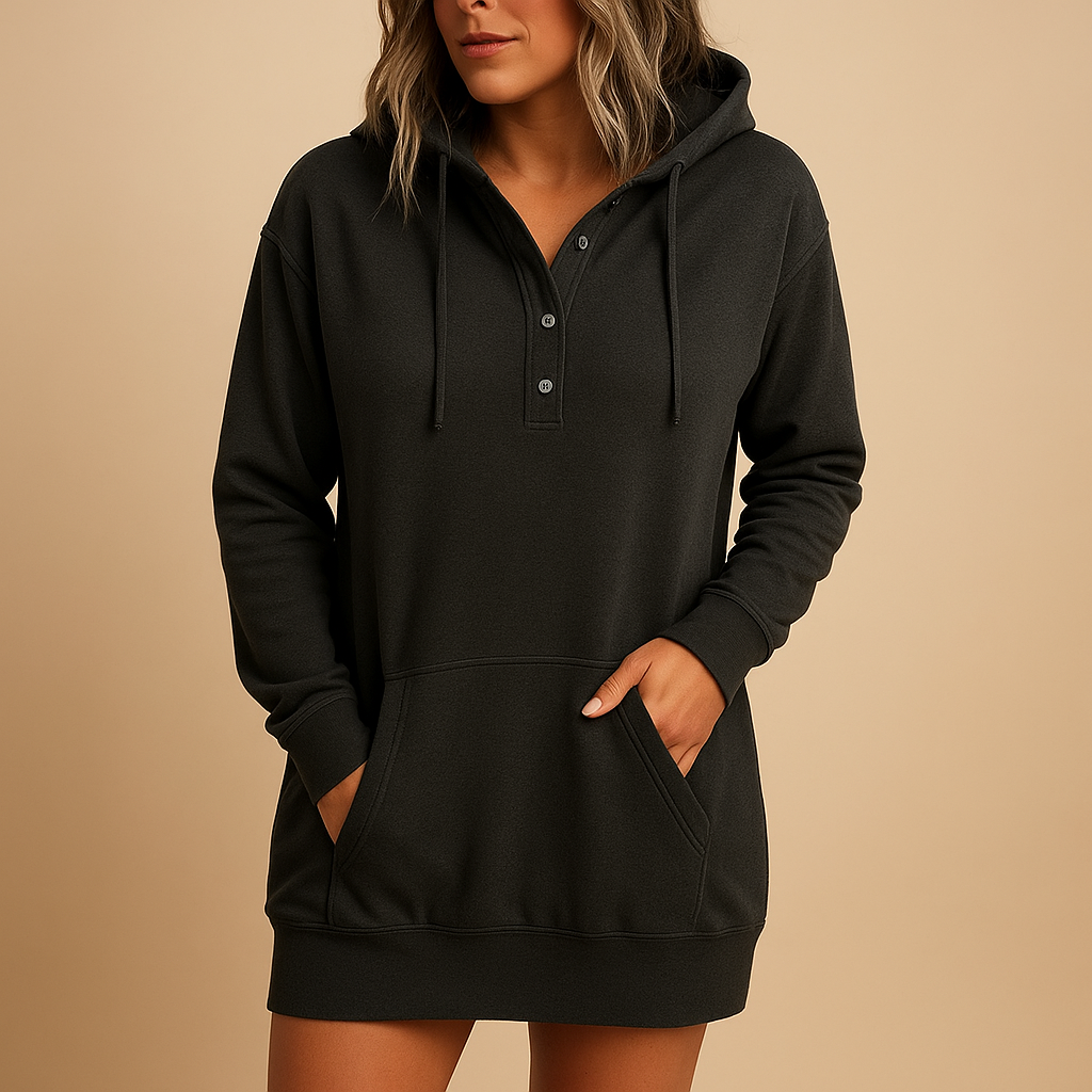 Casual hoodie dress for women in minimalist solid color, made with soft breathable fabric, ideal for streetwear, travel, and casual outfits.
