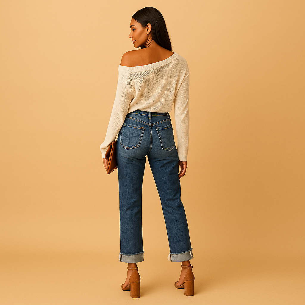 Women’s casual jeans with asymmetrical waistband and relaxed fit, perfect for trendy everyday and urban outfits.