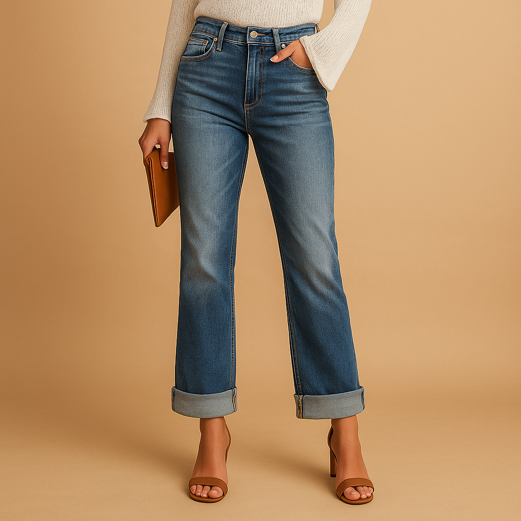 Women’s casual jeans with asymmetrical waistband and relaxed fit, perfect for trendy everyday and urban outfits.