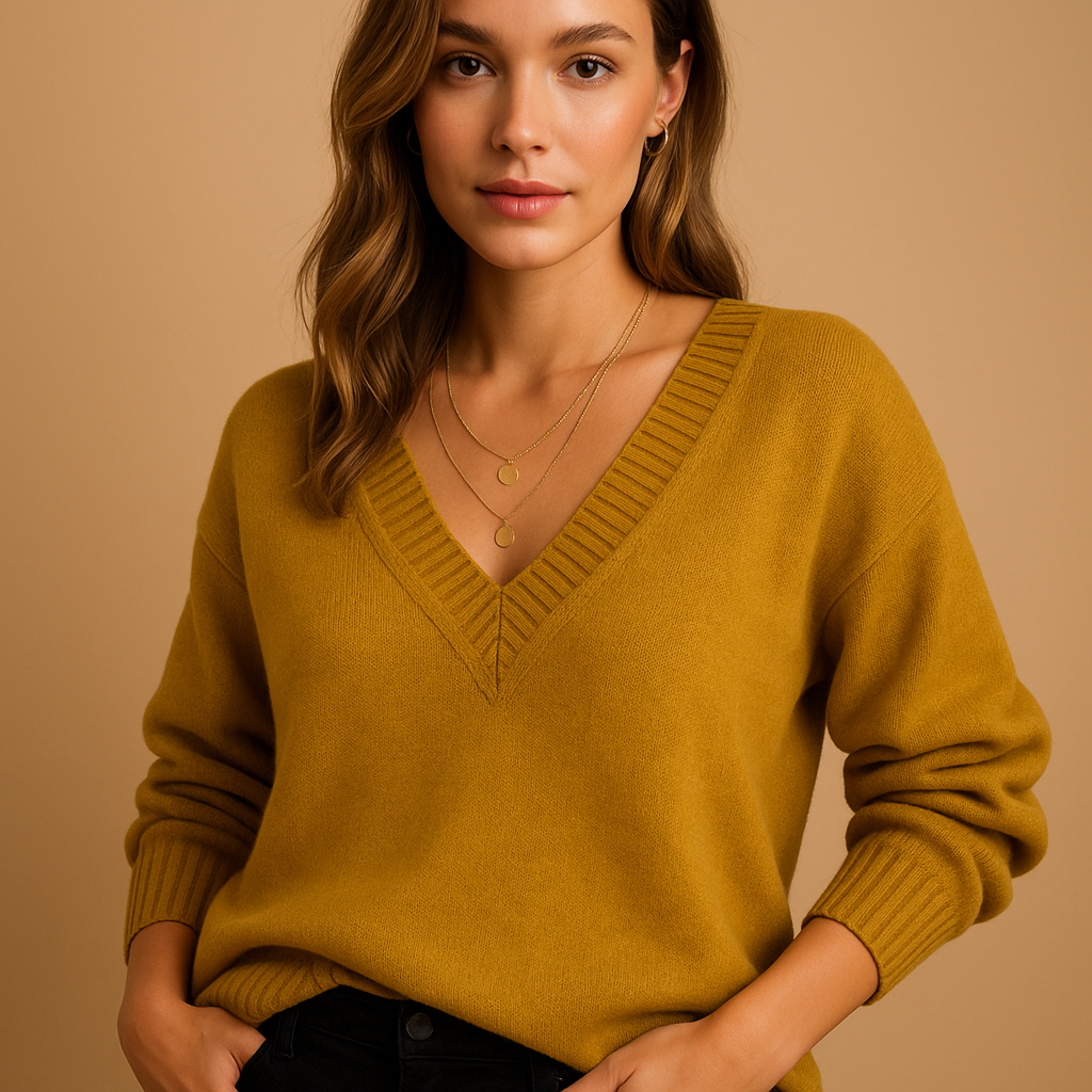 Women’s casual knitted sweater with deep V-neck in neutral tones, designed with a relaxed fit and classic knit structure for everyday comfort and style.