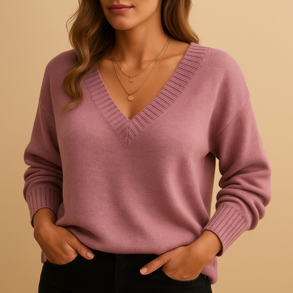 Women’s casual knitted sweater with deep V-neck in neutral tones, designed with a relaxed fit and classic knit structure for everyday comfort and style.