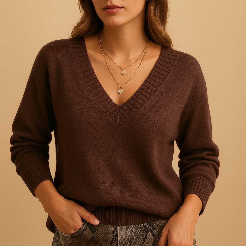 Women’s casual knitted sweater with deep V-neck in neutral tones, designed with a relaxed fit and classic knit structure for everyday comfort and style.