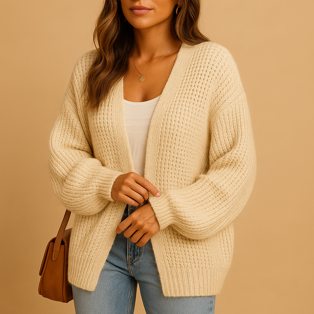 Women’s casual open front knitted cardigan with relaxed fit and breathable fabric, perfect for layering in spring, autumn, and winter.