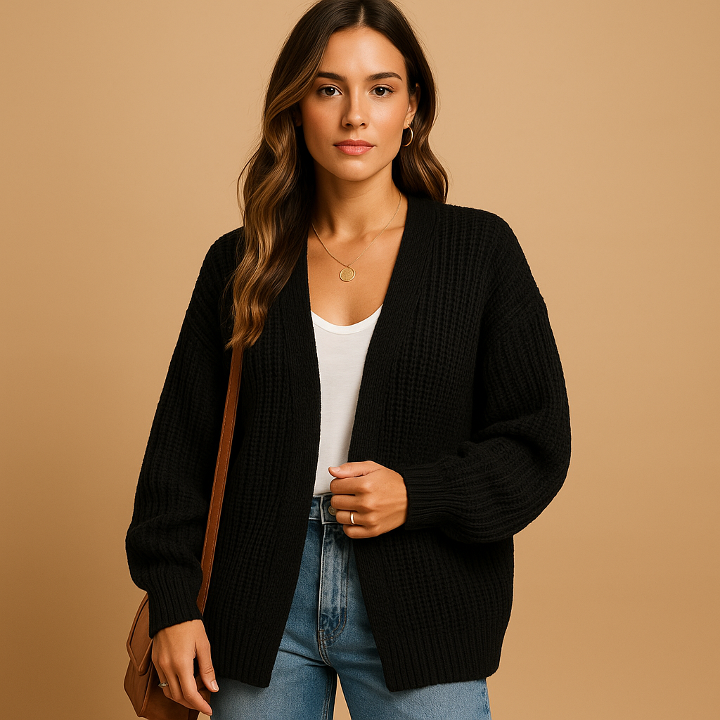 Women’s casual open front knitted cardigan with relaxed fit and breathable fabric, perfect for layering in spring, autumn, and winter.
