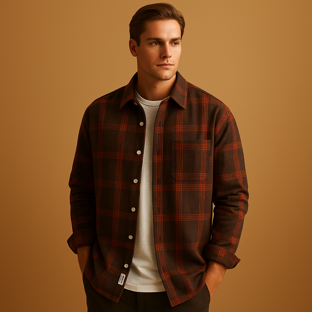 Men’s casual plaid shirt with button closure and turn-down collar, perfect for casual days, relaxed outings, and informal gatherings.
