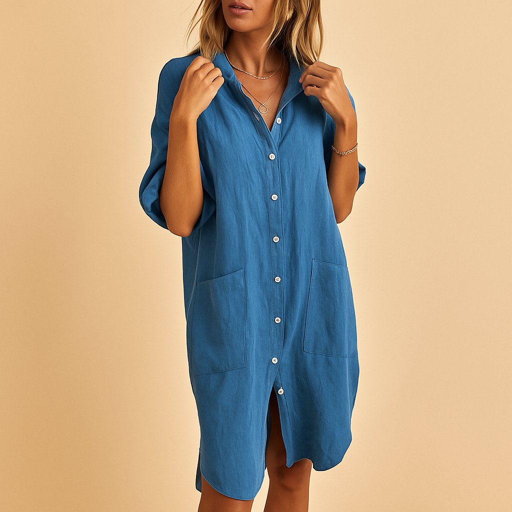 Casual shirt dress for women with soft fabric, modern details, and side pockets, perfect for work, casual wear, and stylish everyday looks.
