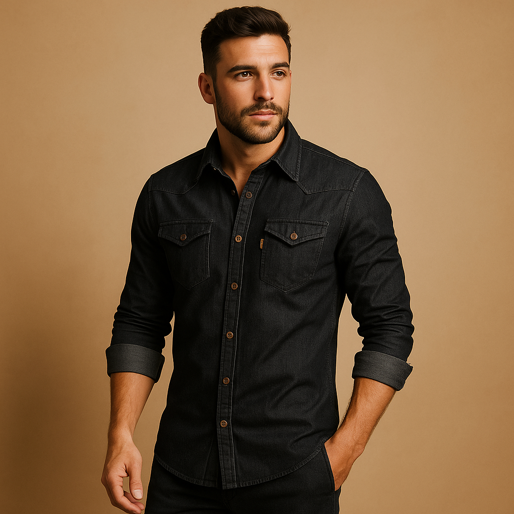 Casual long sleeve cotton shirt for men in black and navy blue with breathable fabric and classic button closure, perfect for summer and everyday wear.