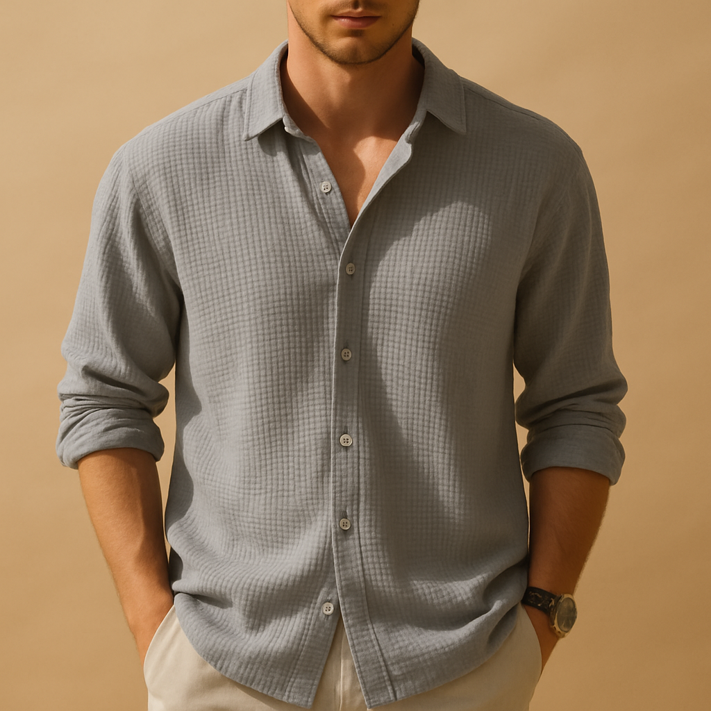 Men’s casual long sleeve shirt with stand-up collar and solid design, regular fit for work, semi-formal occasions, or relaxed weekends.