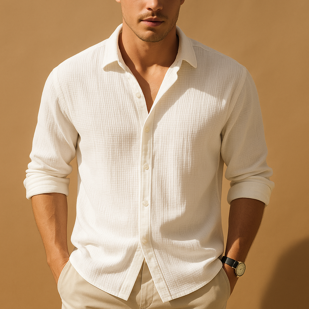 Men’s casual long sleeve shirt with stand-up collar and solid design, regular fit for work, semi-formal occasions, or relaxed weekends.