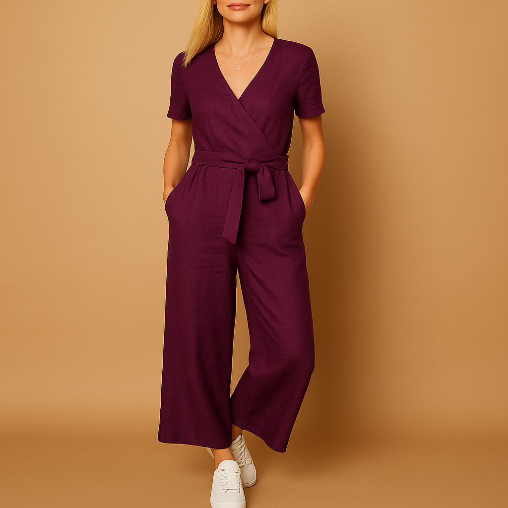 Women’s casual short sleeve jumpsuit with lace-up V-neck, loose fit, and breathable design. Available in khaki, black, brown, green, and purple.