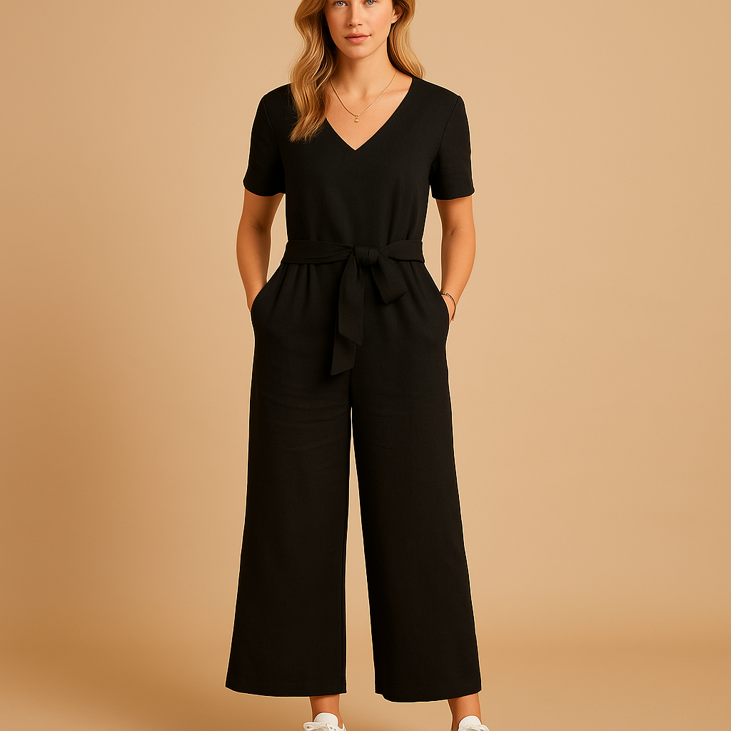 Women’s casual short sleeve jumpsuit with lace-up V-neck, loose fit, and breathable design. Available in khaki, black, brown, green, and purple.