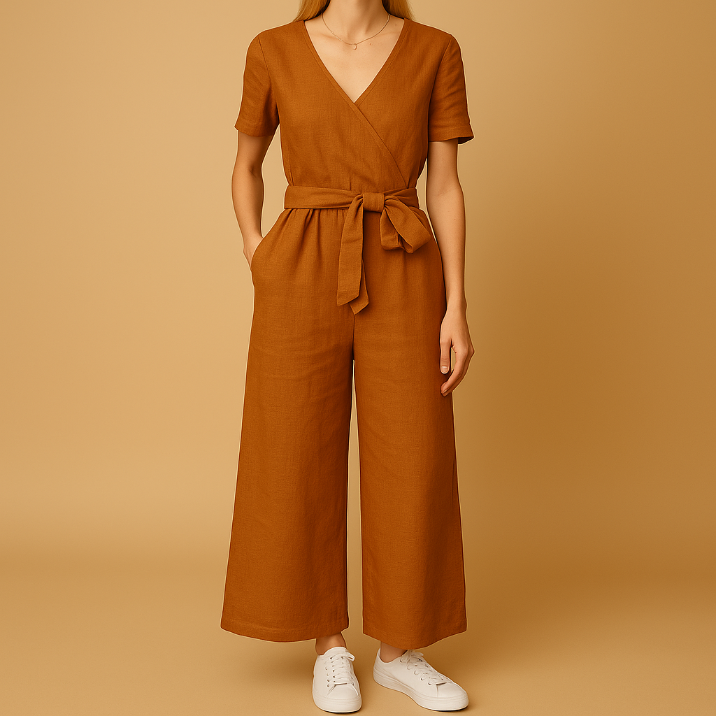 Women’s casual short sleeve jumpsuit with lace-up V-neck, loose fit, and breathable design. Available in khaki, black, brown, green, and purple.
