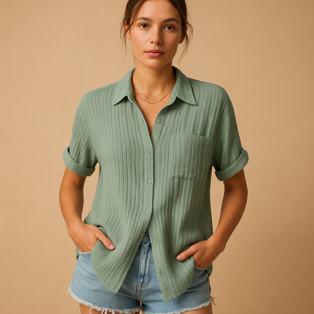 Women’s casual short sleeve polo with relaxed fit, classic collar, and chest pocket, available in stylish shades for summer and everyday wear.