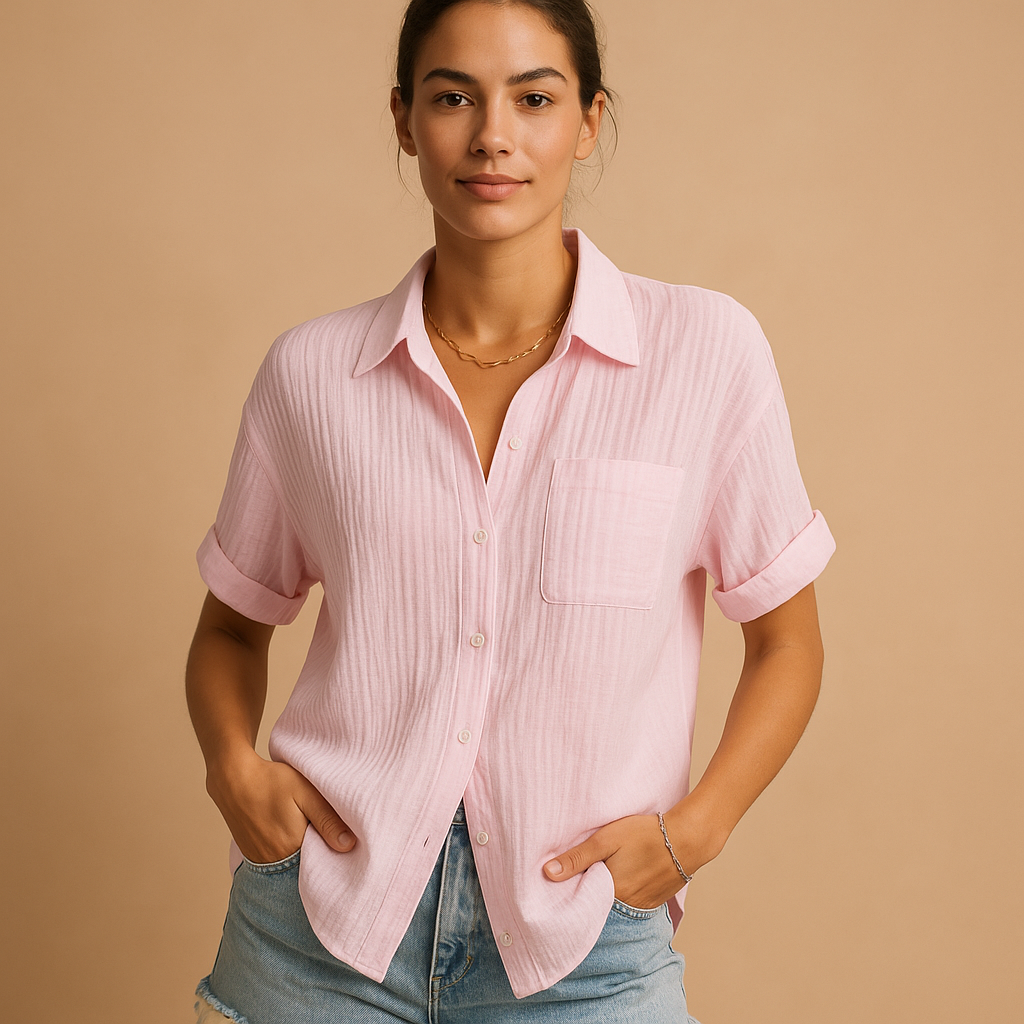 Women’s casual short sleeve polo with relaxed fit, classic collar, and chest pocket, available in stylish shades for summer and everyday wear.