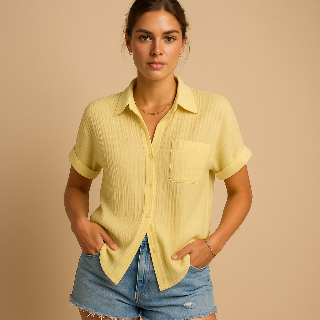 Women’s casual short sleeve polo with relaxed fit, classic collar, and chest pocket, available in stylish shades for summer and everyday wear.