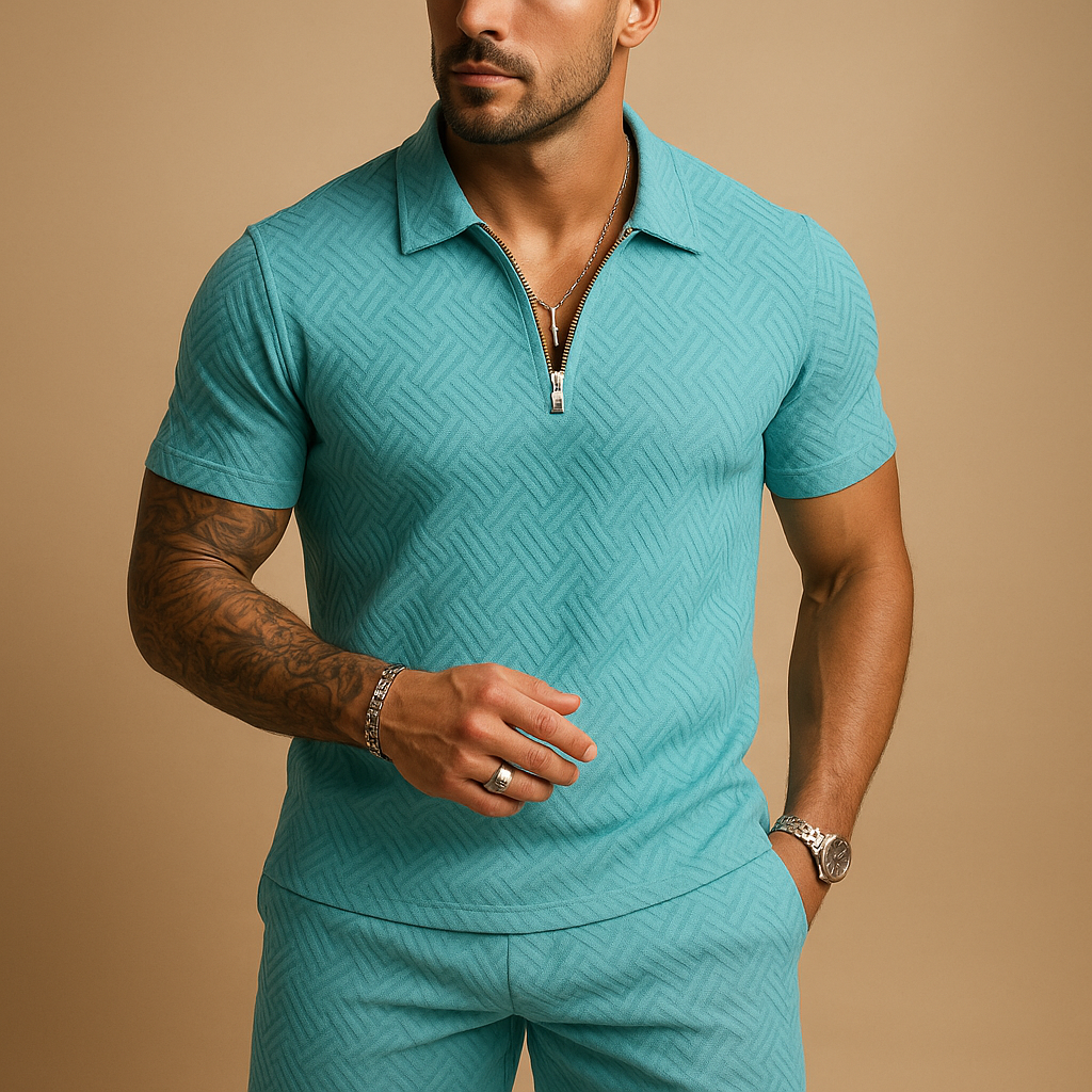 Casual summer set for men with matching T-shirt and shorts, designed in a loose fit with zip detail. Perfect for beach, leisure, and warm days.