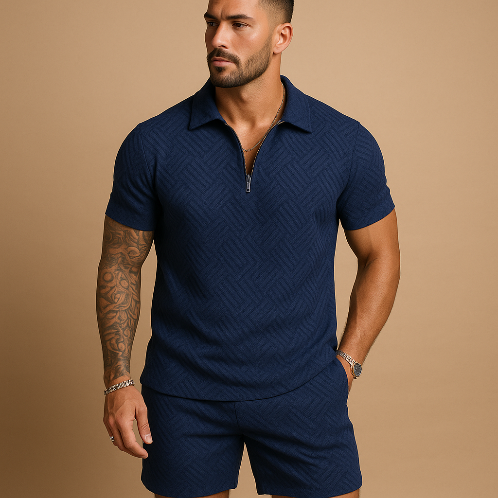 Casual summer set for men with matching T-shirt and shorts, designed in a loose fit with zip detail. Perfect for beach, leisure, and warm days.
