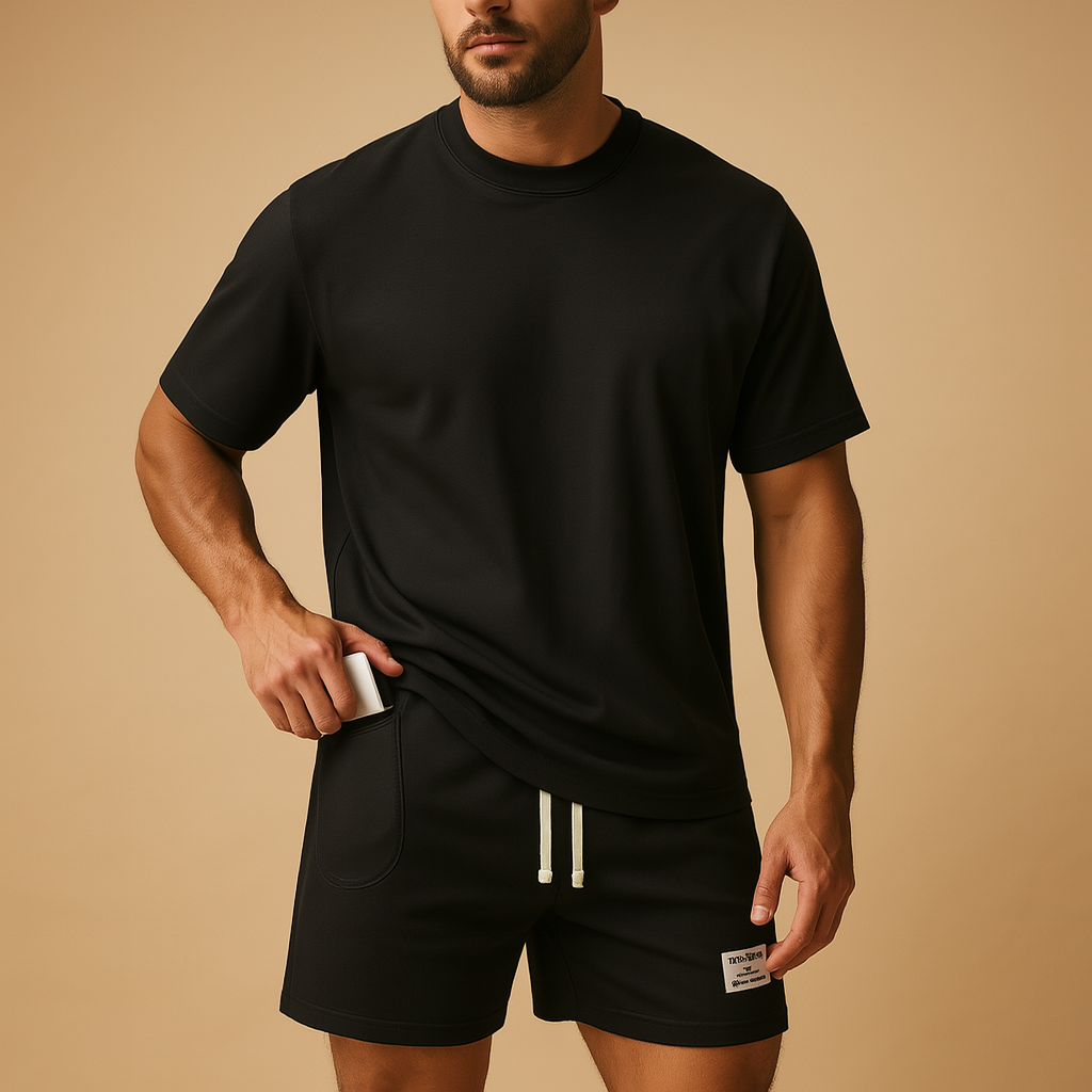 Men’s casual summer set with minimalist T-shirt and matching shorts in classic and bold colors. Relaxed fit, perfect for leisure and warm days.