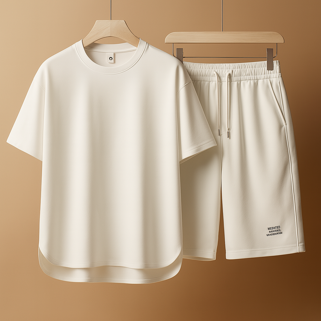 Men’s casual summer set with minimalist T-shirt and matching shorts in classic and bold colors. Relaxed fit, perfect for leisure and warm days.
