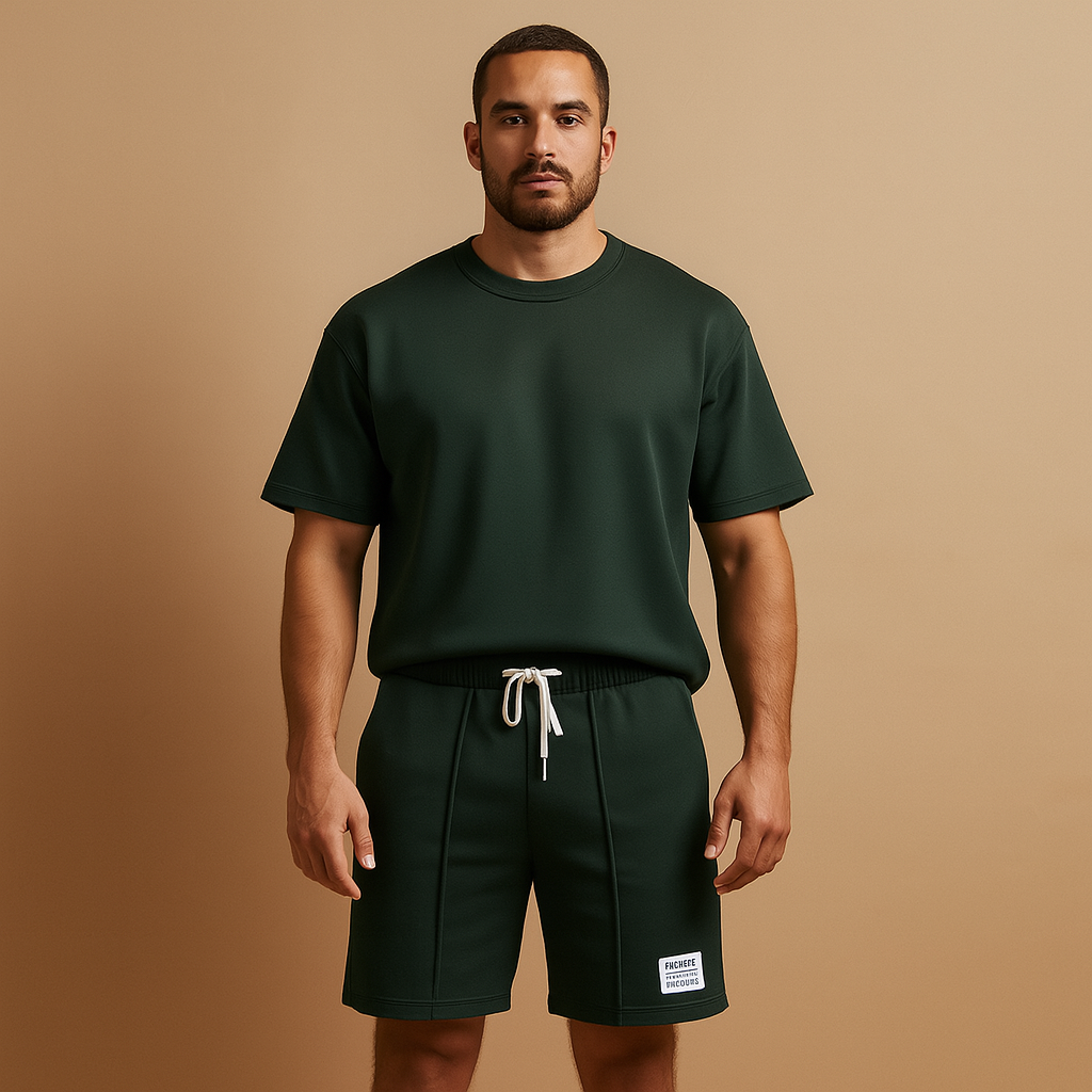 Men’s casual summer set with minimalist T-shirt and matching shorts in classic and bold colors. Relaxed fit, perfect for leisure and warm days.