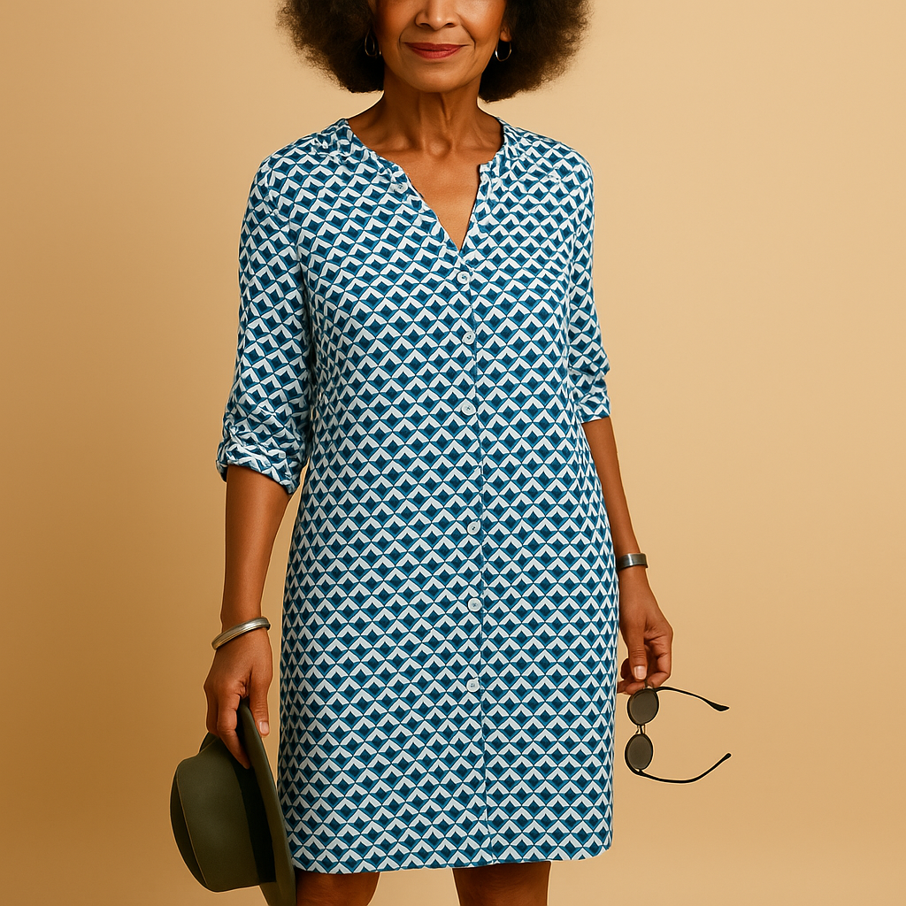 Light and airy women’s V-neck dress with half sleeves and a loose fit, perfect for casual wear, brunches, and warm days.